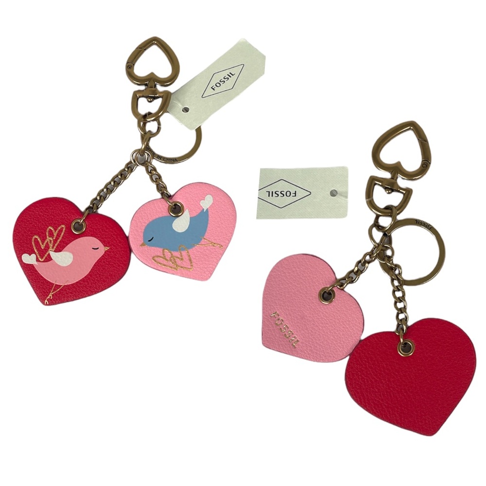 Fossil Love Birds on Hearts Sofia Key Fob Red Pink Brass Blue